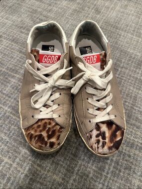 Golden Goose Beige Leather Sneakers with Leopard Toe